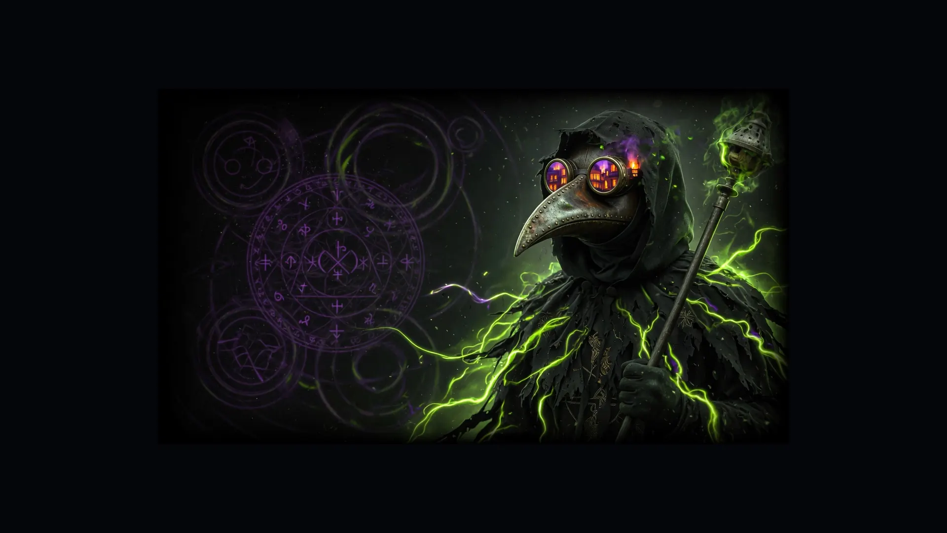 Hooded plague doctor with burning-hotel goggles, green lightning and a purple sigil