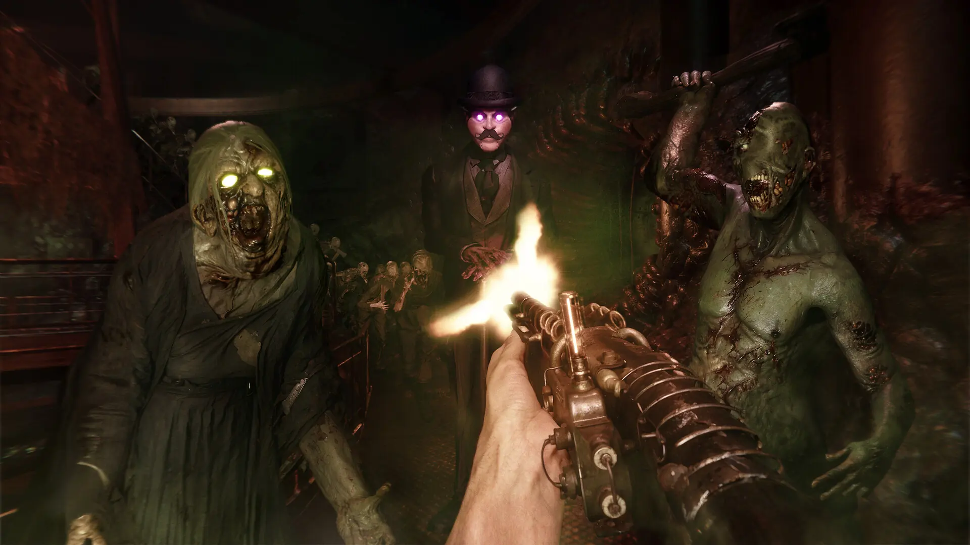 First-person gunfire against a close crowd of Quiet Ones, including a top-hatted enemy