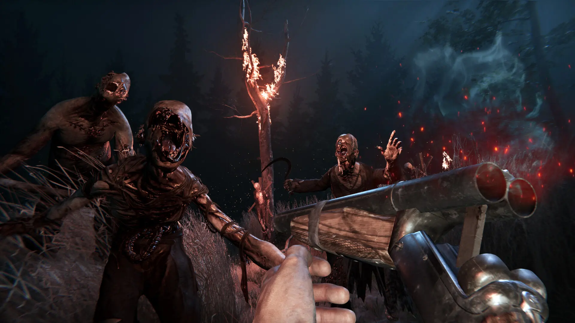 Double-barrel weapon aimed at enemies beside a burning tree and a spectral skull