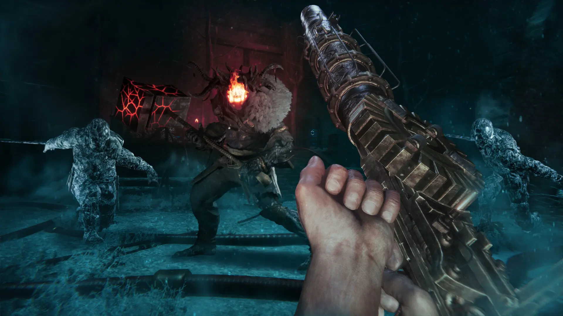 Hammer-wielding enemy with a burning animal mask, flanked by frozen enemies