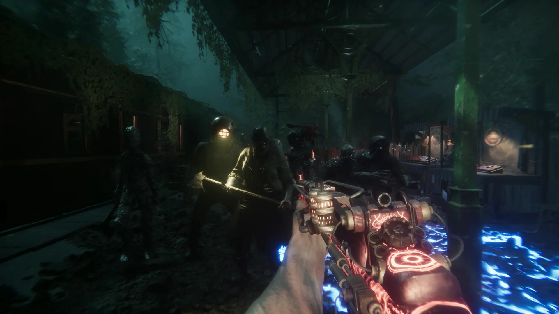 A firefight in a wet interior passage with blue lightning and a steam-powered weapon